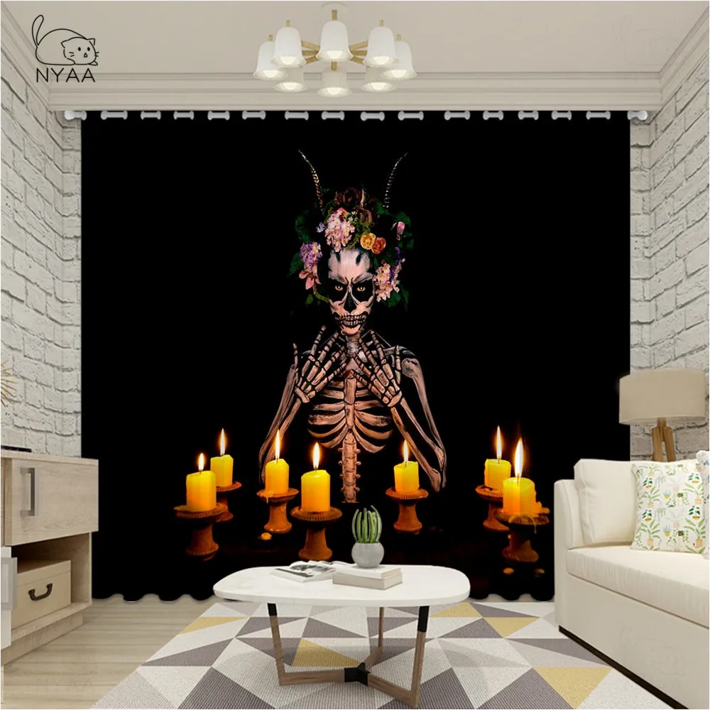 

Halloween Death Skeleton Kitchen Curtains For Window Drapes In Living Room Children's Bedroom Curtain Ultra-Thin Micro Shading