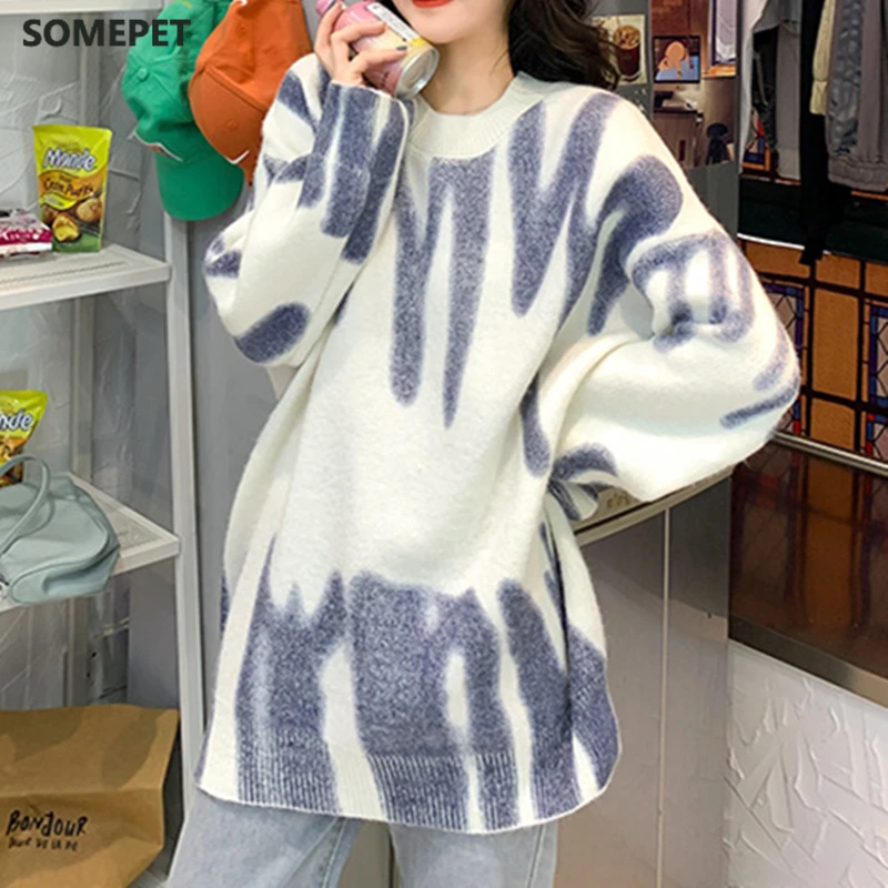 

Print Knitted Sweater Women Elegant Green Striped Oversized Pullovers Women Winter Loose Long Sweaters Streetwear Sueter Mujer