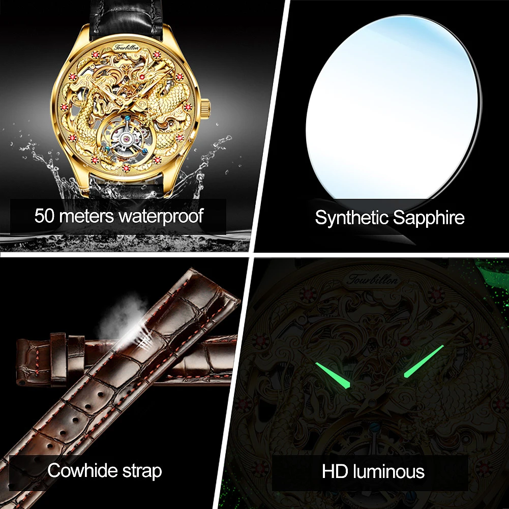 

OUPINKE Real Tourbillon automatic mechanical men watch skeleton glass sapphire luxry gold dragon wristwatch religio masculino