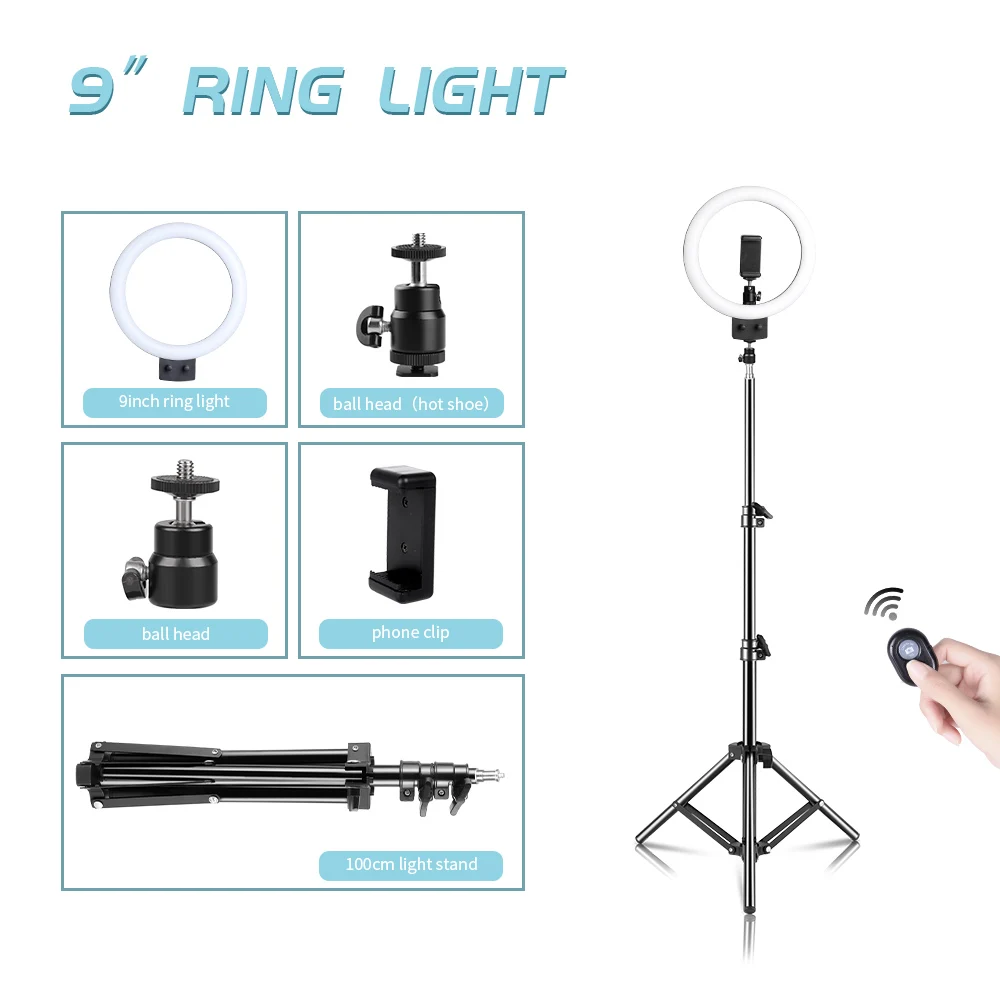 

9inch Stepless Dimmable LED Selfie Ring Light with Tripod and Bluetooth for Makeup Video Live Ring Lamp Photographic Lighting