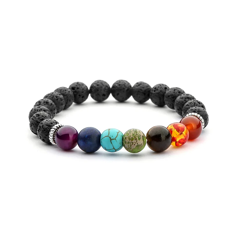 

8mm Energy Volcanic Stone Colorful Seven Pulses Yoga Bracelet Chakra Natural for Men Women