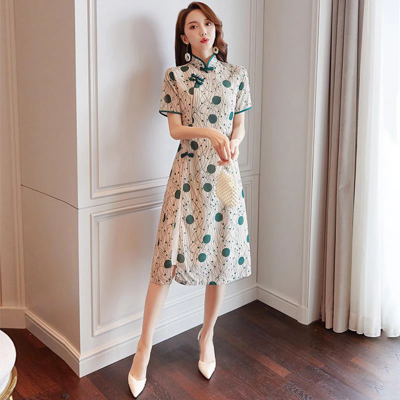 

Women's Spring Summer Dress Women's Cheongsam Elegant Short Sleeve Printed Button Turtleneck Dress SS1236