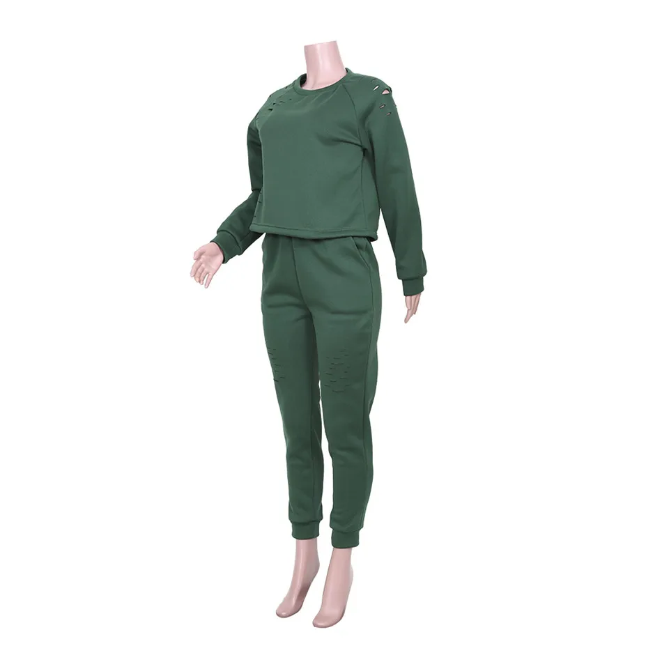 

womens Leisure sporty tracksuits thickened sweater hole pants suit long sleeve casual sets