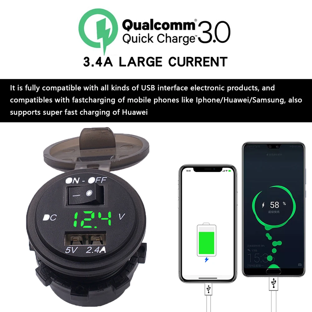 

Быстрое зарядное устройство dfdf с двумя USB портами, 12-24 В, QC3.0, черное зарядное устройство для мотоцикла, автомобиля, лодки, мотоцикла