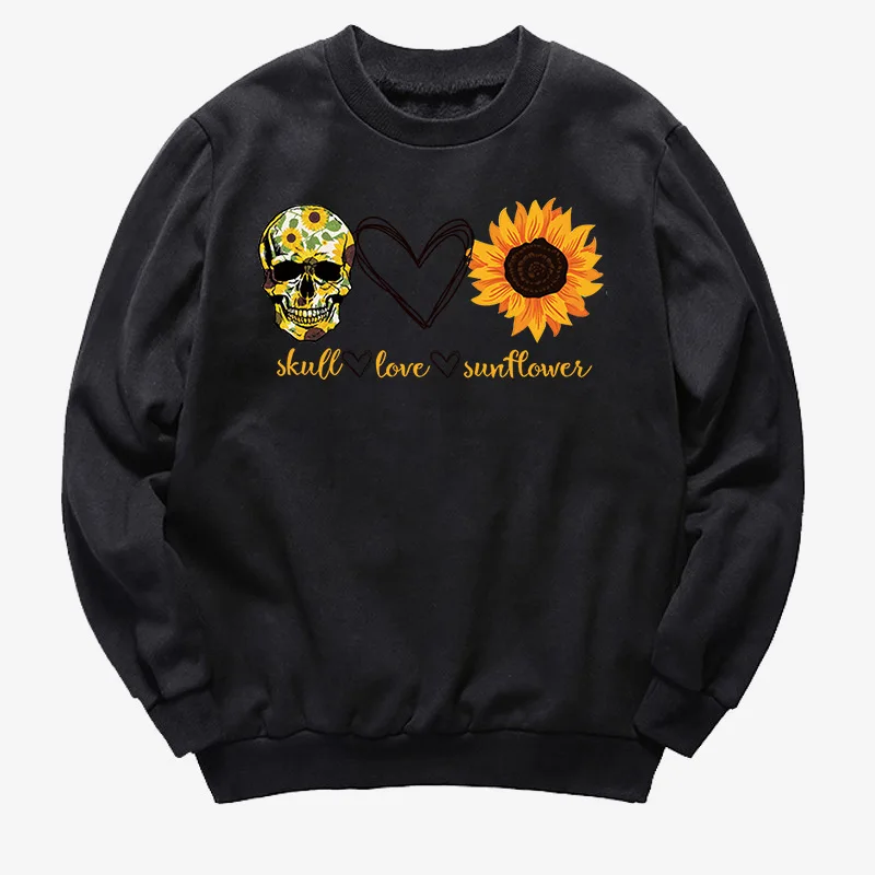 

Skull Love Sunflower Printed Hoodies Women Fleece Long Sleeve O Neck Loose Sweatshirt Girls Women Hoodie Pullovers Winter