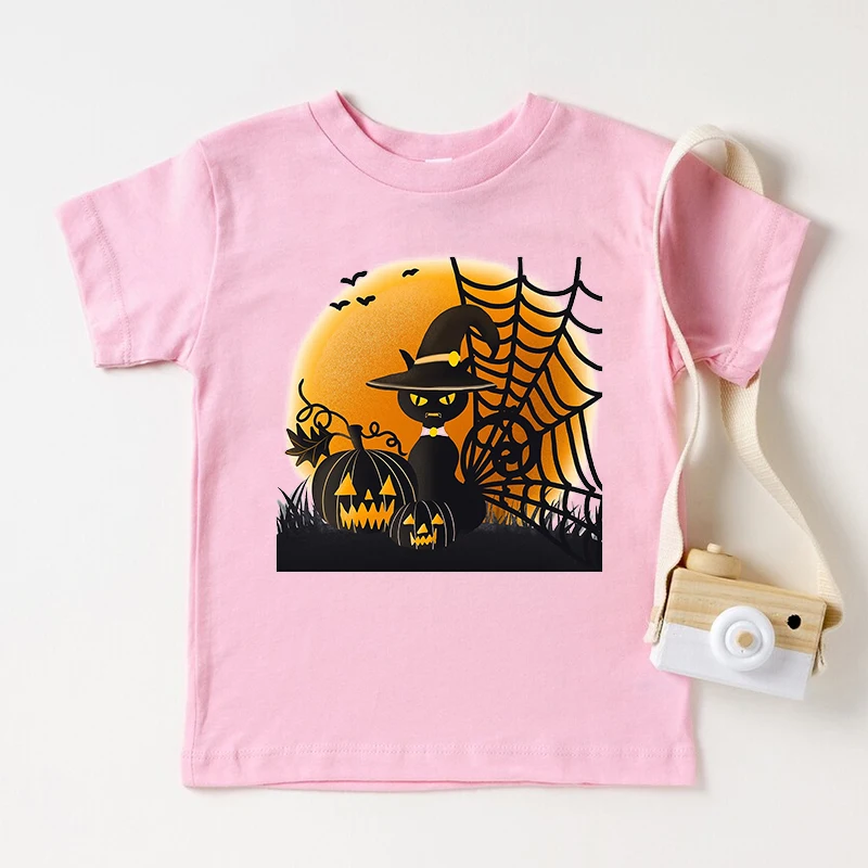 Camiseta de Halloween Kawaii Creepy Cat paz amor oto&ntilde;o PumpkinT-Shit Vintage, ropa para ni&ntilde;a 2022-0