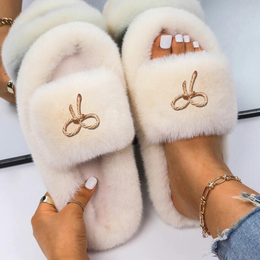 Slippers Female Metal Bow Faux Fur Slides Flat Sandals Flip Flops With Fur Fluffy Outdoor Slippers Women Platform Winter Shoes