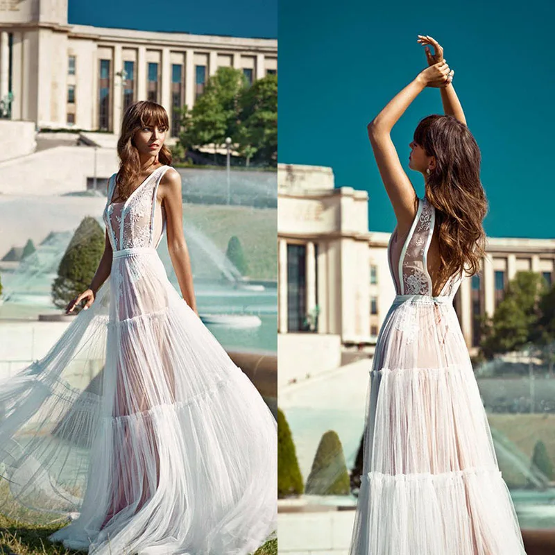 Boho Beach Wedding Dresses 2021 V Neck Lace Applique Tulle A Line Bohemian Bridal Gowns Plus Size Country Style Vestido De Novia