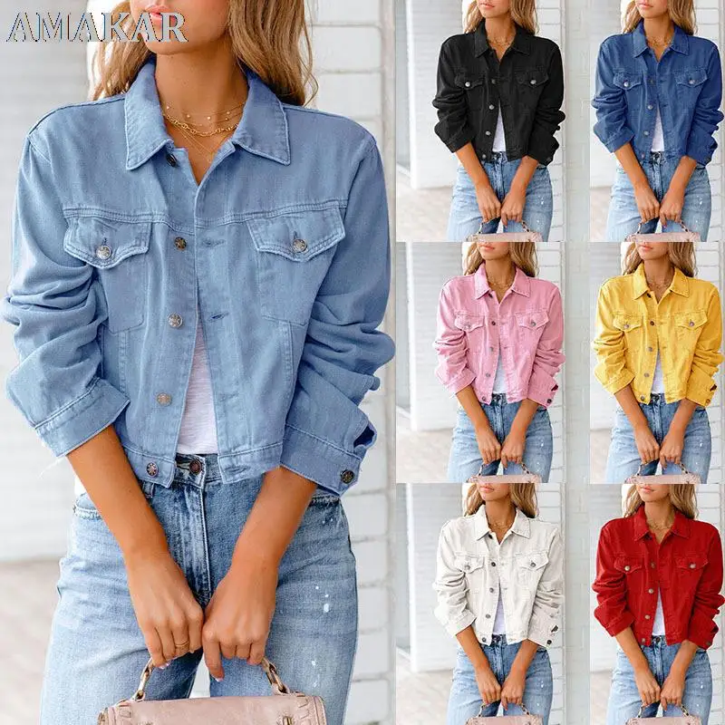 

Women 's Short Loose Short Denim Jacket Long Sleeve Button Down Jean Trucker Jacket with Pockets