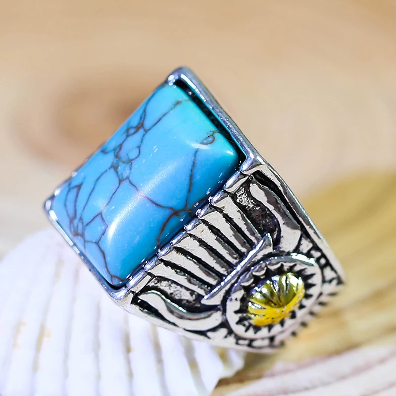 

Bohemian Vintage Large Blue Stone Rings For Women Fashion Indian Jewelry Cuban Carved Pattern Knuckle Anillo Man Wholesale