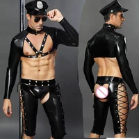 sexy faux leather male sexy police costume hot erotic cop uniform set adult men role play costume sex clothes top pants hat