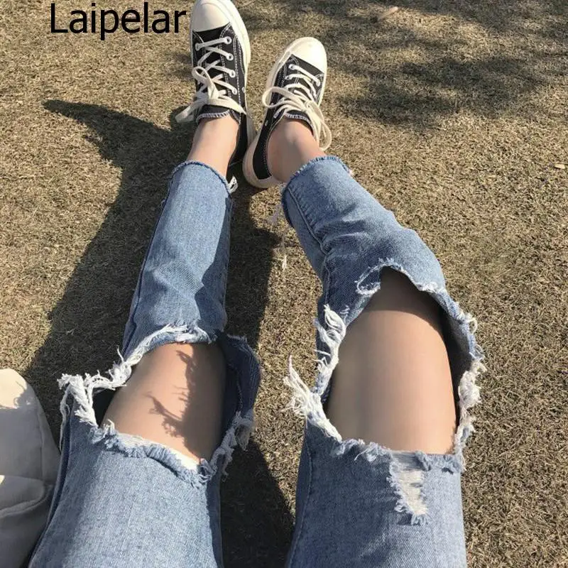 Jeans Denim Women Holes Zipper Pockets Straight Retro Casual Womens Slim High Waist All-match Vintage Chic Korean Style Daily | Женская