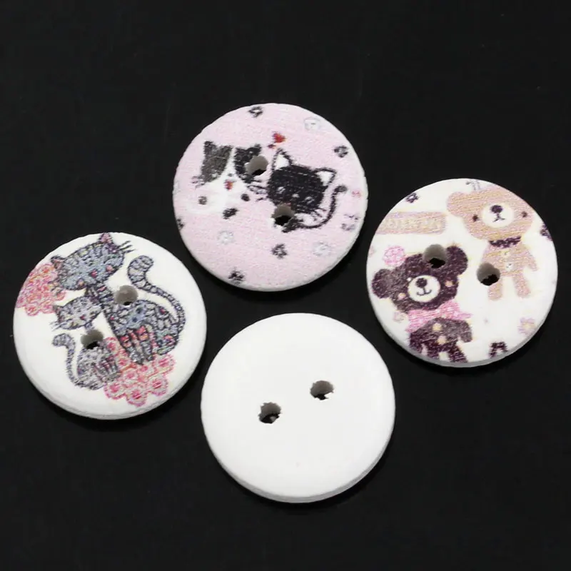 100 шт Мультяшные деревянные пуговицы 2 отверстия животный узор Круглый смешанный