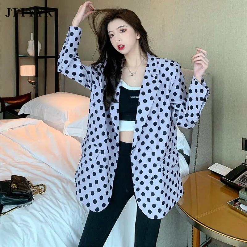 

2021 Spring Summer Printed dots Blazer Women Long Sleeve Vintage Suit Jacket Outwear Tops Womens Casual Fashion Office Blazer