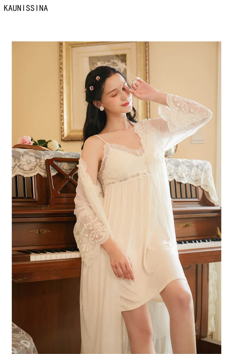 

Women Autumn Spring Robe Nightgown Set Woman Long Lace Sleeve Sleepwear Lace Modal Robe Romantic Sweet Nightwear Ladies Suit