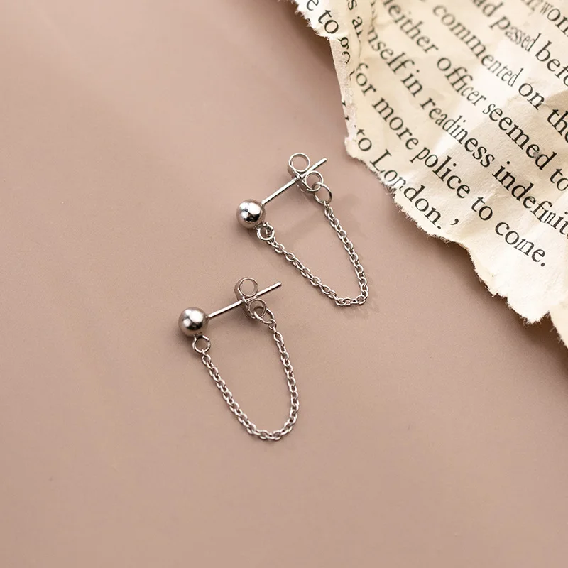 

WOOZU Real 925 Sterling Silver French Punk Link Chain Tassel Stud Earrings For Women Party Korean Fine Girlfriend Jewelry Gift