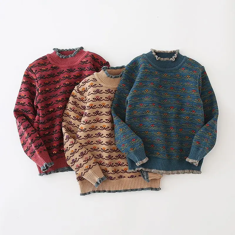 

New Fashion Flower Kids Sweaters Spring Winter Baby Boys Girls Warm Tops Plus Velvet Thicken Knitted Bottoming High Quality