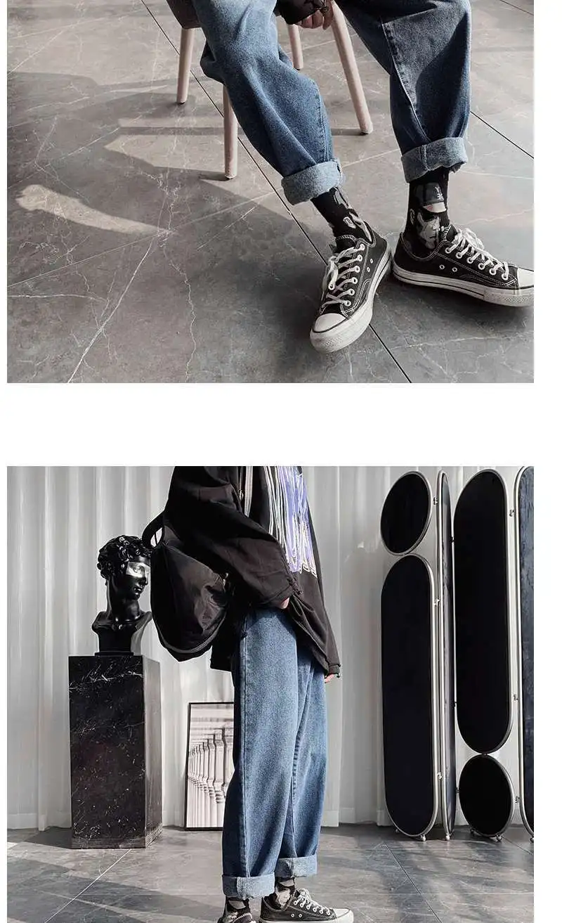 

Ins Cool Designer Brand Japan Jeans Loose Ripped straight-leg Stretch Slim Fit Hop Hop Pants With Holes For Men Printed Jeans
