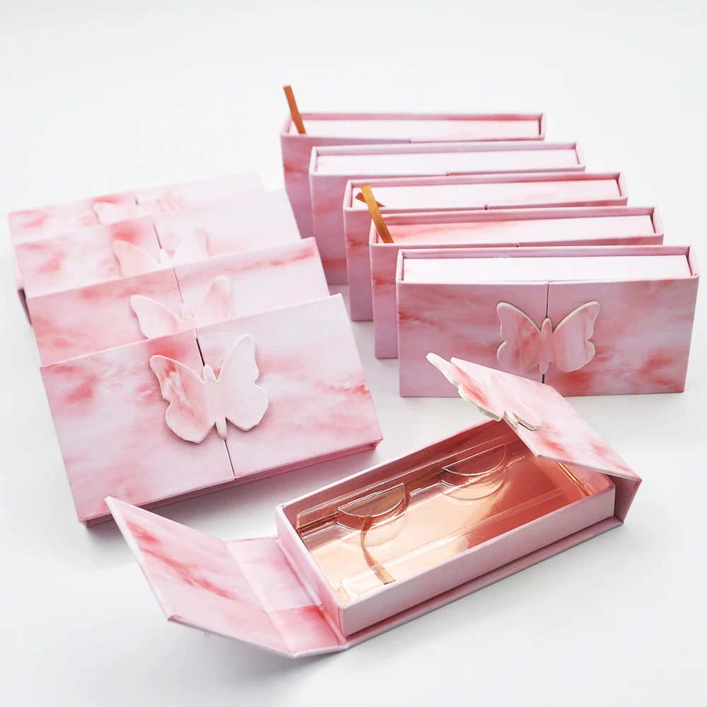 

Wholesale false eyelashes package Pink Butterfly box custom logo lash boxes packaging 3D mink lashes makeup case bulk vendors