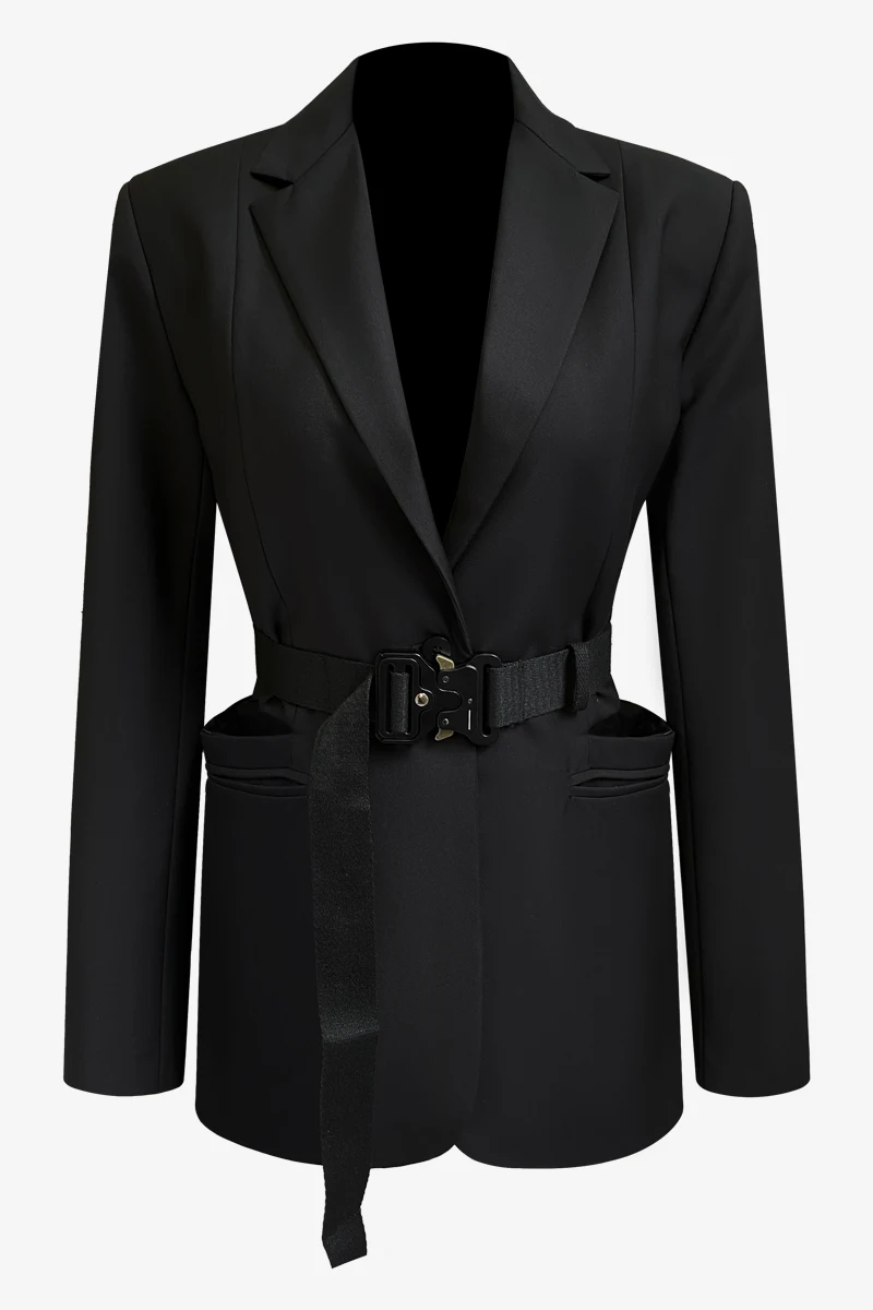 

notched collar autumn and winter high waist belt pocket full sleeves black blazer female top office lady clothes C024