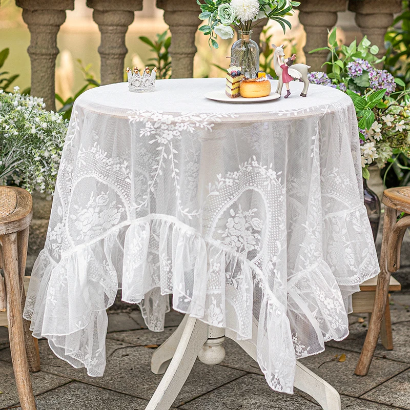 

White Lace Flower Embroidered Table Cloth Cottagecore Aesthetic Room Decoration