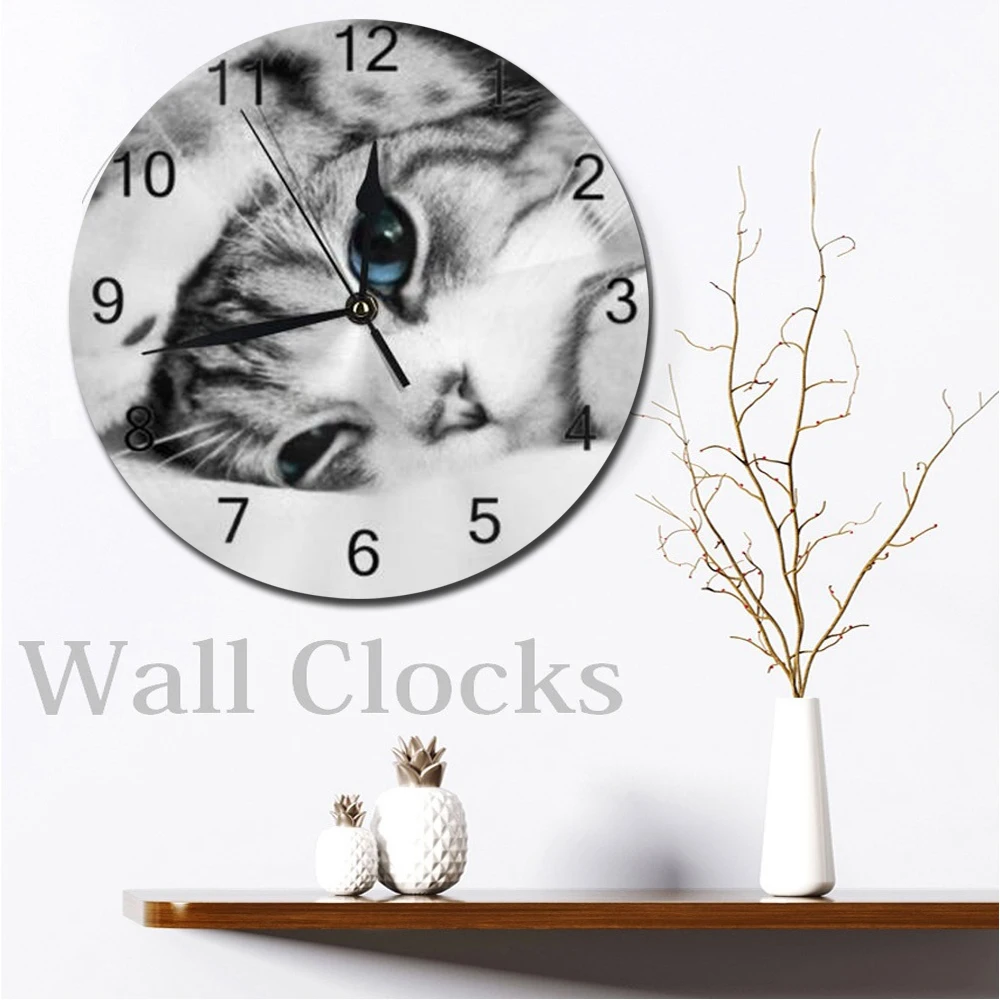 

Cat Animal 25CM Round Wall-Clocks Decor Numeral Digital Dial Mute Silent Digital Clocks Battery Operated Clocks Living Room Wall