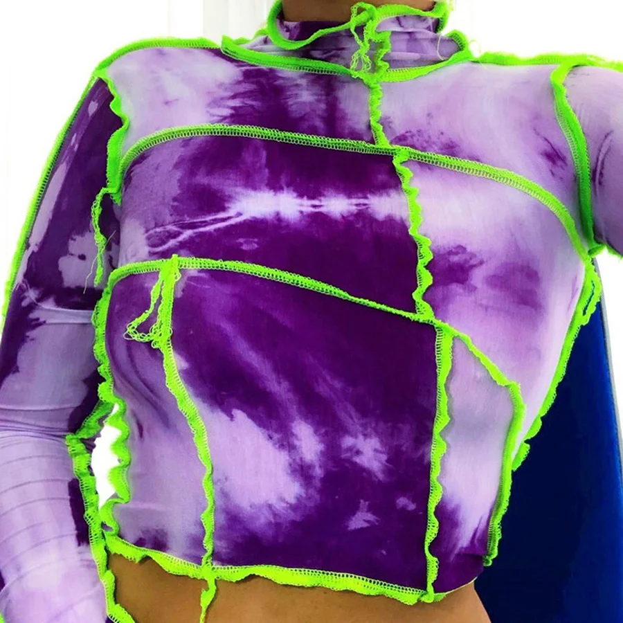 

Fashion Autumn Tie-dye Stitching Long-sleeved Top T-shirt for Women Y2K Crop Tops Street Casual Wear Basic Graphic Tee Female