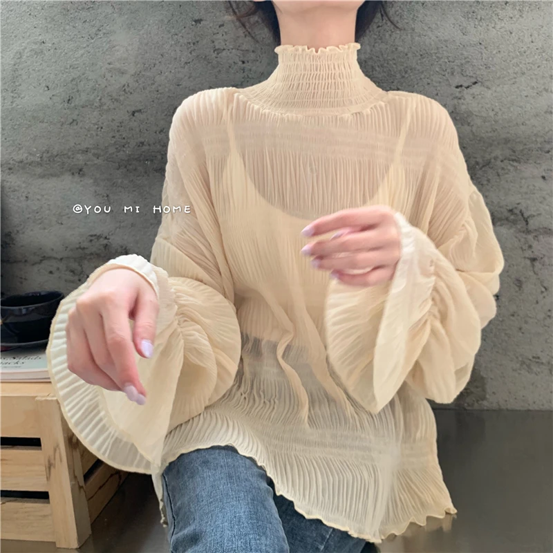 Прозрачная блузка принцессы плиссированная рубашка со складками женский топ с