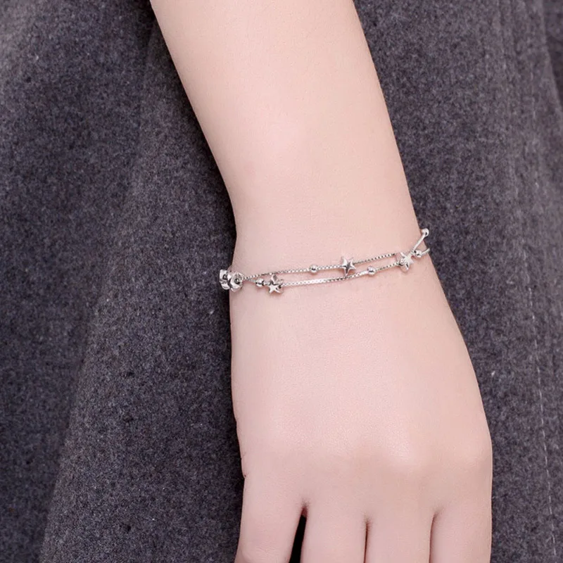 Браслет женский из серебра 925 пробы с двухслойными бусинами-звездами | Украшения
