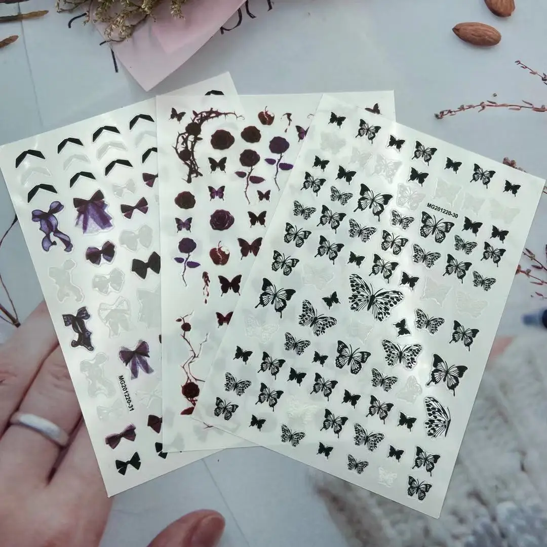

3D Nail Stickers Dark Bow Butterfly Flowers Design DIY Tips Nail Art Decoration Packaging Self-adhesive Transfer Decal Slider