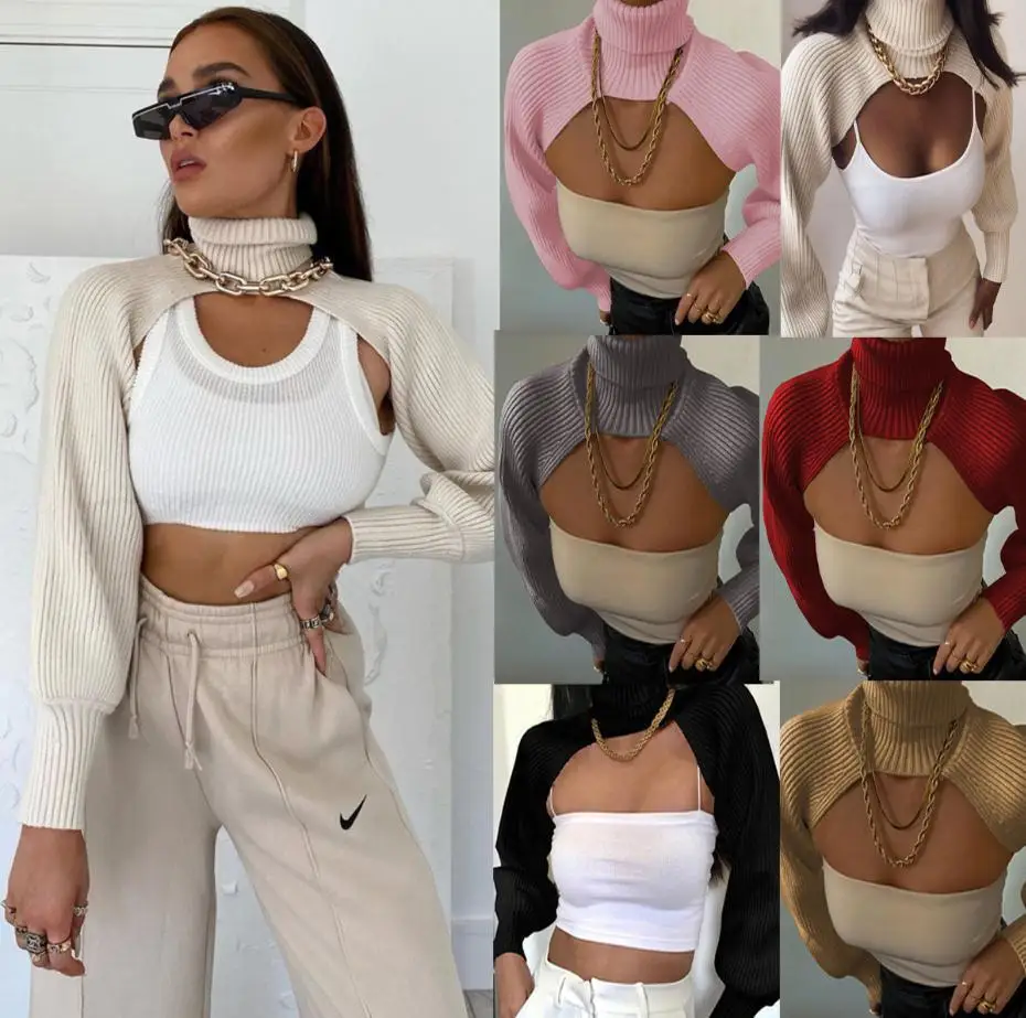 

Women's Spring and Autumn Turtleneck Sweater Sexy Navel Short Long Sleeve Sweater