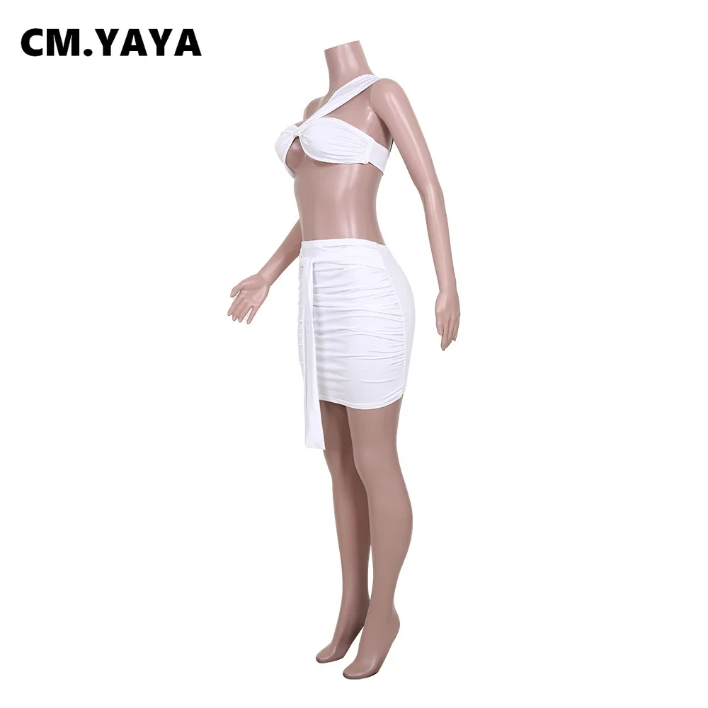 Женский комплект из 2 предметов CM.YAYA однотонный короткий топ на одно плечо
