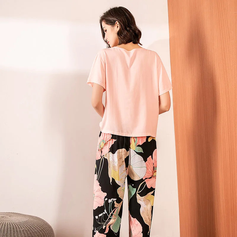 Пижама женская атласная с круглым вырезом простой стильный комплект из хлопка