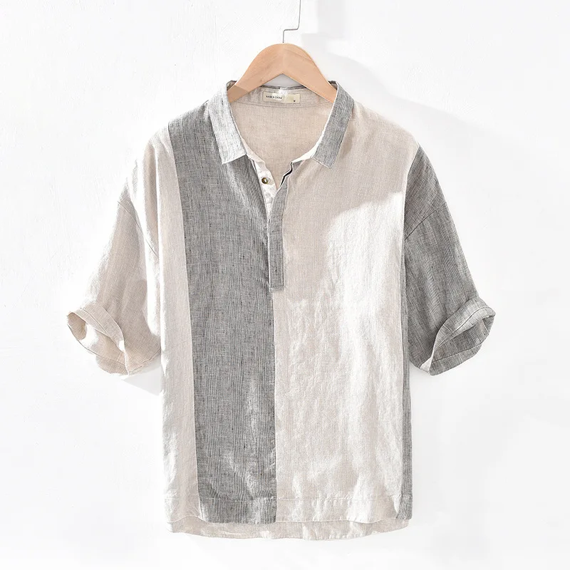 

Hot Sale 2021 Stitching Striped Linen Five-point Sleeve Shirt Youth Retro Pullover Lapel Shirt Trend Camisas Para Hombre