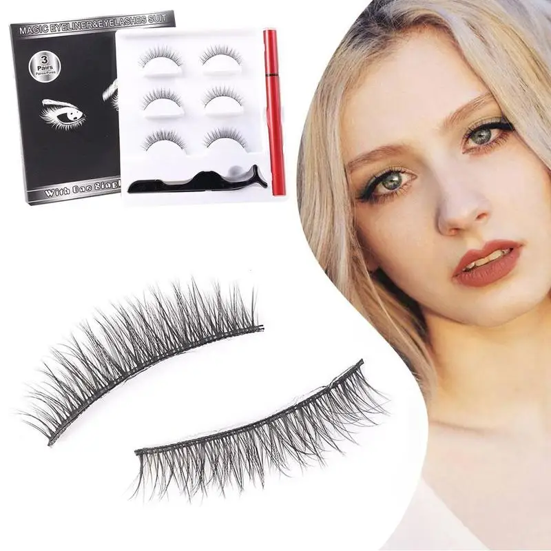 

3 Pairs Magnetic Eyelashes False Lashes Repeated Use Eyelashes Liquid Set Waterproof With Tweezer Makeup Eyeliner
