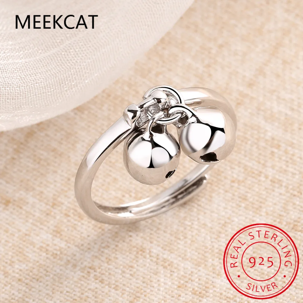 

925 Sterling Silver Rings For Women trendy Double Jingling Bell Fine Jewelry Beautiful Finger Open Ring For Party Birthday Gift