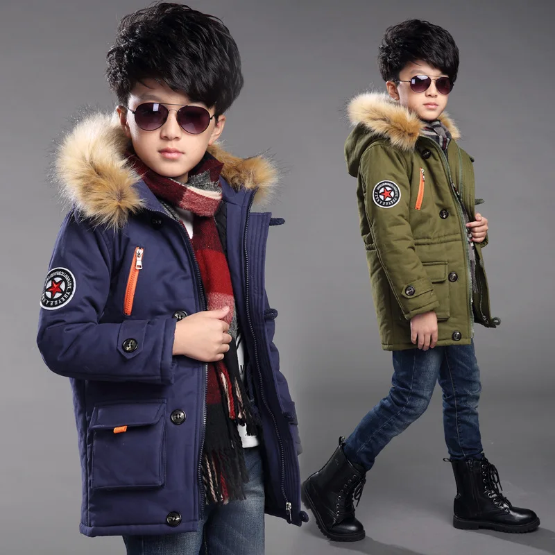 Зимняя одежда для мальчиков теплая парка с капюшоном хлопковой подкладкой