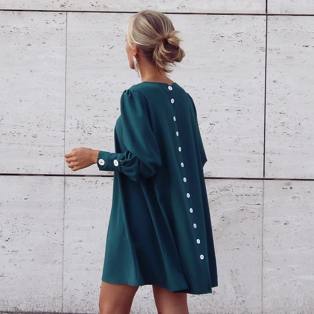 Женское шифоновое платье с пышными рукавами однотонное Повседневное круглым