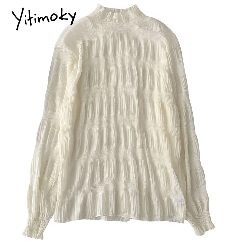 

Yitimoky Women Shirts Ruffles Long Sleeve Blouse Korean Fashion Ladies Top Solid Half High Collar Casual Shirts 2021 Spring New