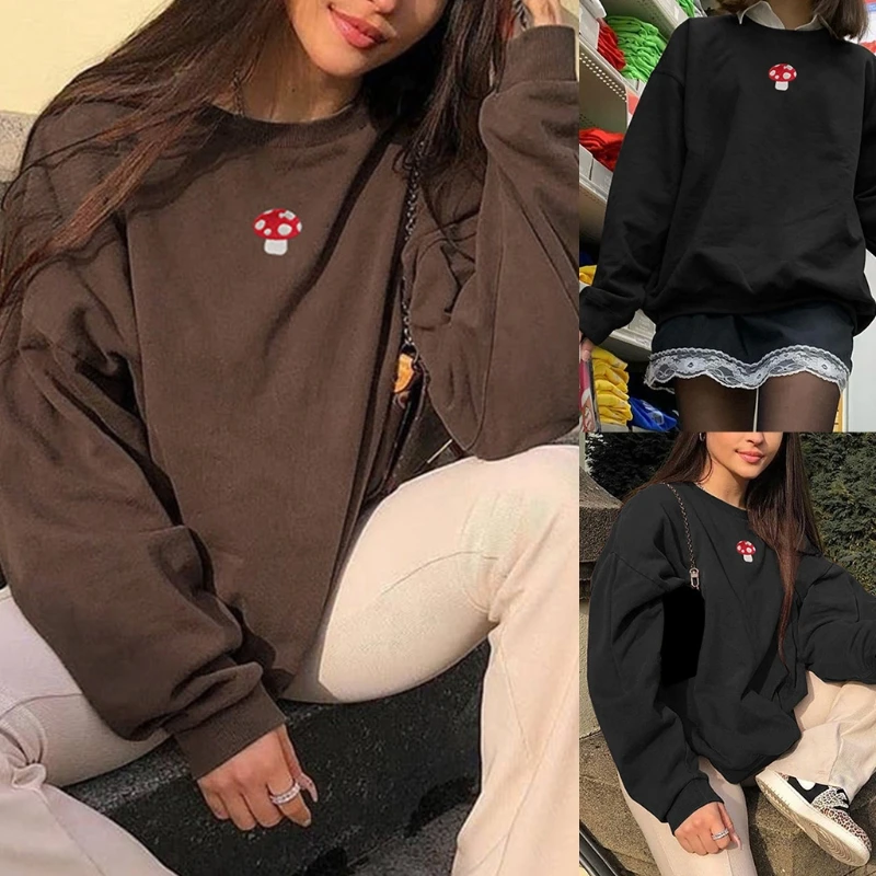

Women Autumn Long Sleeve O-Neck Sweatshirt Mushroom Embroidery Solid Color Pullover Tops Harajuku Oversized Loose Graphic
