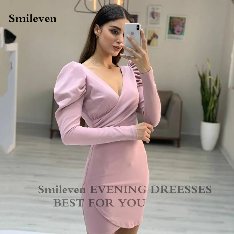 

Smileven Pink Mini Evening Dresses Long Sleeve Matt Eleastic Soft Satin Prom Party Gowns Sexy V Neck Celebrity Dress 2022