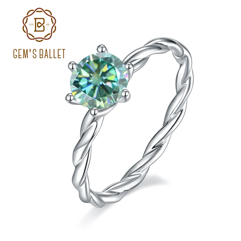 

GEM'S BALLET S925 Silver 1.0ct 6.5mm Green Moissanite Eternity Wedding Band Moissanite Ring For Women Ladies Ring Solitaire