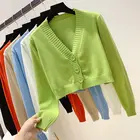 Женский укороченный вязаный кардиган, короткий свитер в Корейском стиле с длинным рукавом и V-образным вырезом, зеленые и синие топы на осень и зиму 2021