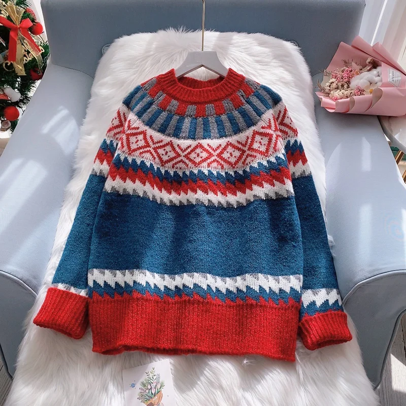 

EBAIHUI Knitted Women Sweater Christmas Vintage Festival O-Neck Pullover Knitted Geometric Print Jumper Loose Cropped Knitwear