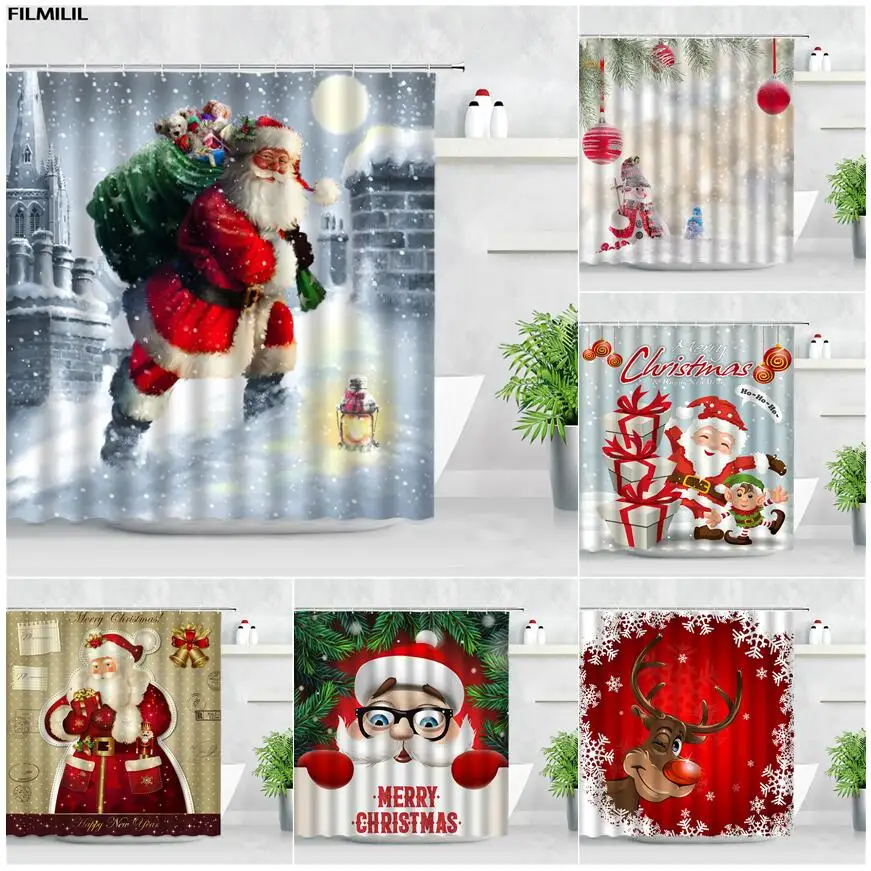 

Рождественские занавески для душа с изображением снежного замка, Санта-Клауса, в стиле ретро, зимний ландшафт, новогодний декор, занавески д...