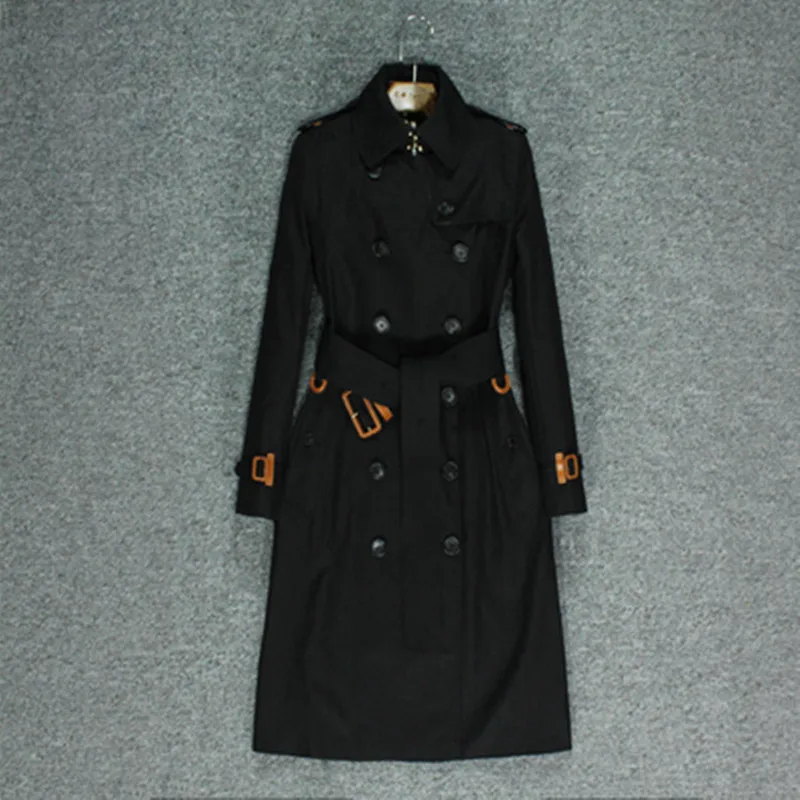 Женская ветровка до колен тонкая черная в британском стиле средней длины весна