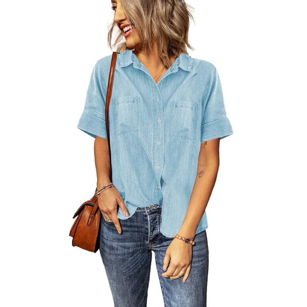 

Summer's New Solid-color Minimalist Shirt Women's Lapel Short-sleeved Shirt with Pockets Good Quality