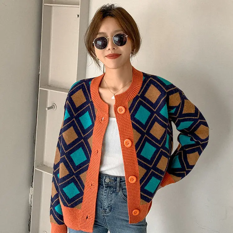 

Contrast Color Sweater Cardigan 2021 New Women's Short-Height Short Western Style Rhombus Sweater