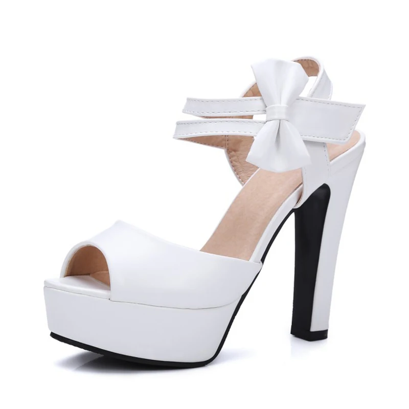 

Plus Size Solid Pumps Wedding Sandals Women Shoes Hook & Loop PU Thick Heel Platform 11.5CM High Heel Party Female Shoes 34-43