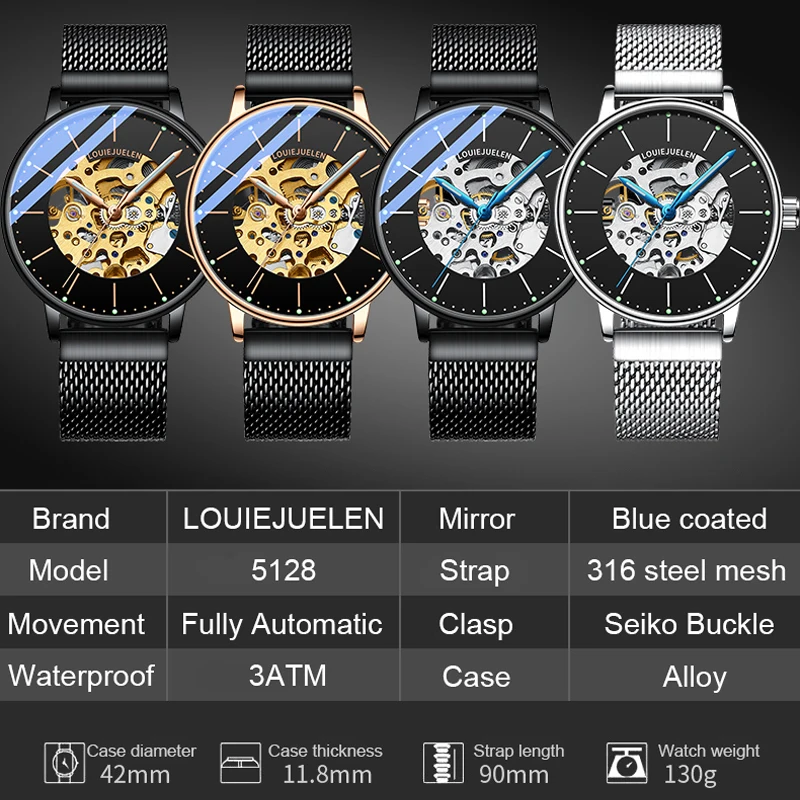 

BELUSHI Fashion Men Automatic Watches Luminous Business Waterproof Watch Men Tourbillon Mechanical Wristwatch Relogio Masculino